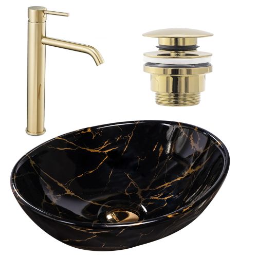 Set Aufsatzwaschbecken Sofia marble black + Waschbeckenarmatur Lungo gold + Stöpsel gold