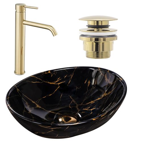 Set Lavabo sobre encimera Sofia marble black + Grifo de baño Lungo gold + Tapón gold