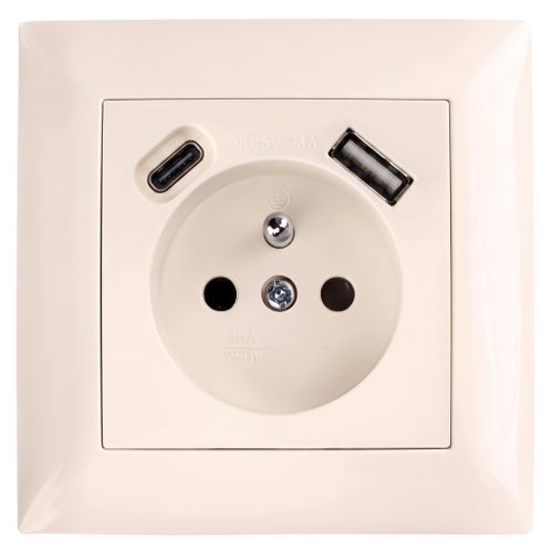 Single grounded socket with frame + USB-A USB-C OSTE JNH004-G Beige