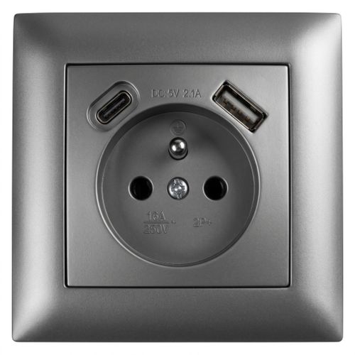 Jednoduchá zásuvka s uzemněním + USB-A USB-C OSTE JNH004-G Grey