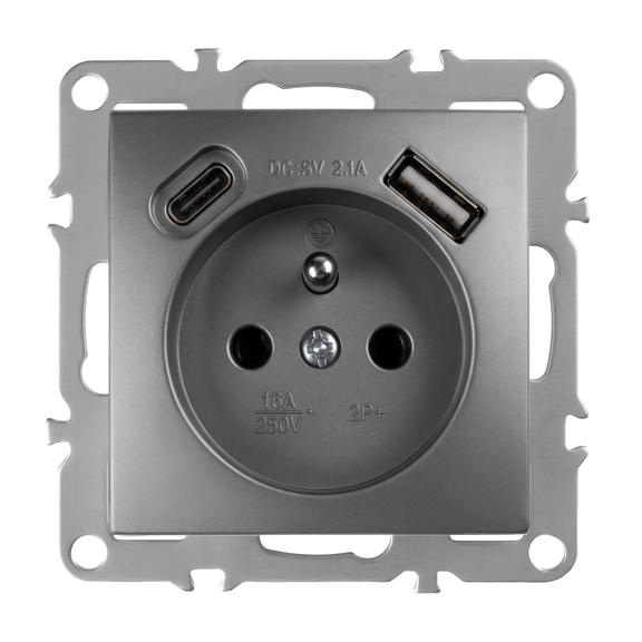 Gniazdo pojedyncze z uziemieniem + USB-A USB-C OSTE JNH004-G Szare