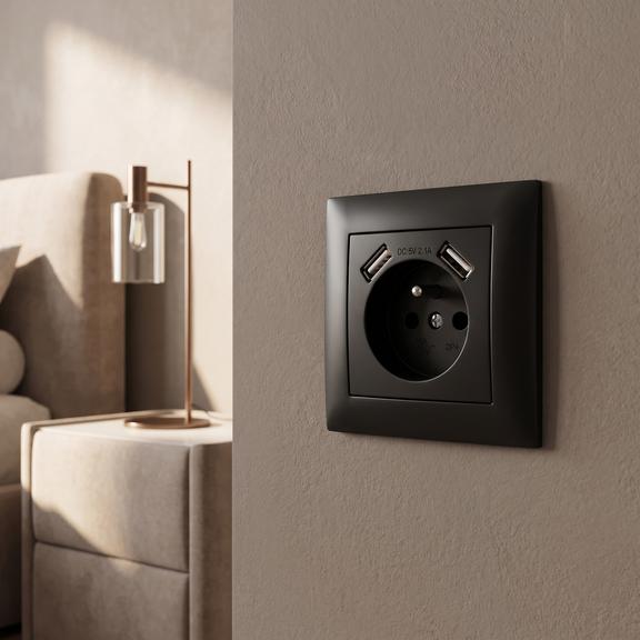 Gniazdo pojedyncze z uziemieniem + 2x USB-A z ramką OSTE JNH003-G Czarne