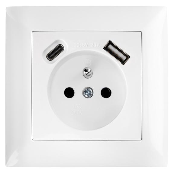 Gniazdo pojedyncze z uziemieniem + USB-A USB-C z ramką OSTE JNH004-G Białe