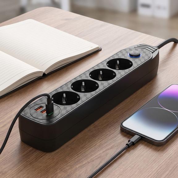 Listwa zasilająca Przedłużacz 4 gniazda + 2x USB-A + USB-C JNH025-4B Czarna