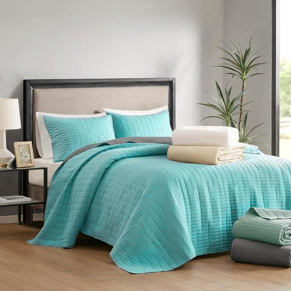 Narzuta dwustronna Amanda miętowo-ciemnoszara 220x240