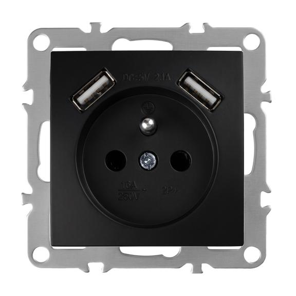 Gniazdo pojedyncze z uziemieniem + 2x USB-A OSTE JNH003-G Czarne