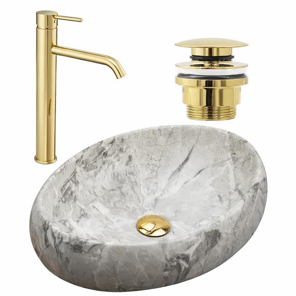 készlet Pultos mosdó Linda stone + Fürdőszobai csaptelep Lungo gold + Dugó gold