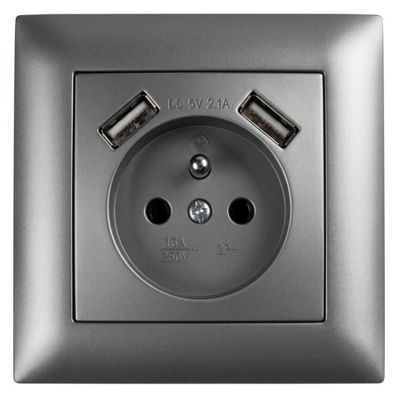 Gniazdo pojedyncze z uziemieniem + 2x USB-A z ramką OSTE JNH003-G Szare