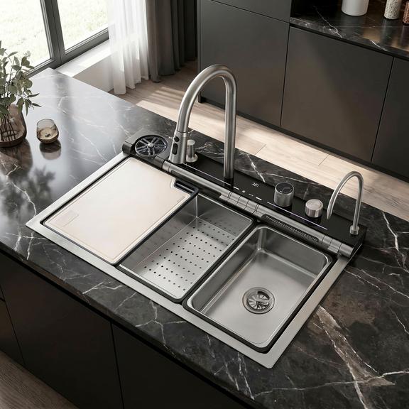 Multifunktionale 10-in-1-Stahlspüle REA Alonzo Brush Nickel