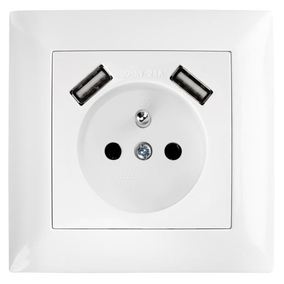 Gniazdo pojedyncze z uziemieniem + 2x USB-A z ramką OSTE JNH003-G Białe