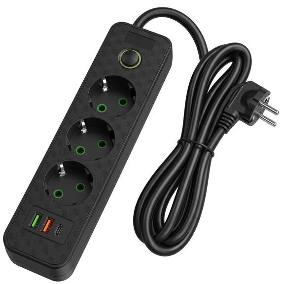Listwa zasilająca Przedłużacz 3 gniazda + 2x USB-A + USB-C JNH020-3A Czarny