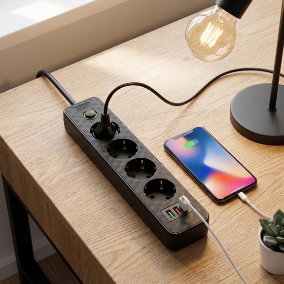 Listwa zasilająca Przedłużacz 4 gniazda + 2x USB-A + USB-C JNH021-4A Czarny