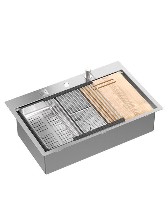 Pia de aço BURT 110 WORKSTATION em níquel escovado.