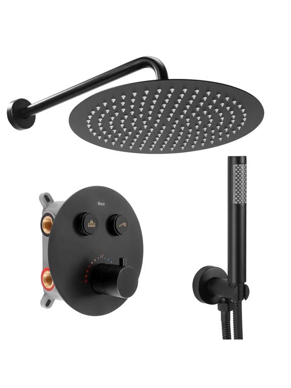 LUNGO Slēptās dušas komplekts melns matēts ar termostatu + BOX