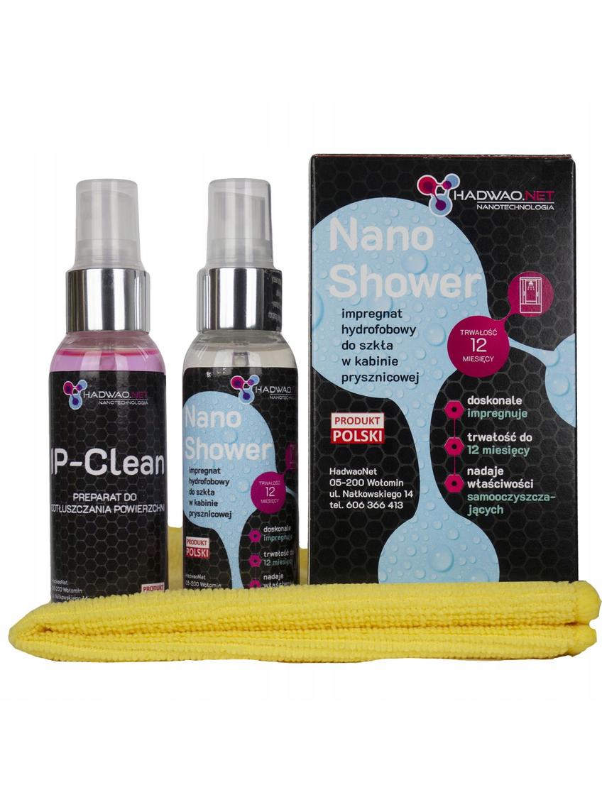 "Impregnat hydrofobowy ""nano shower"" + płyn odtłuszczający i ściereczka"
