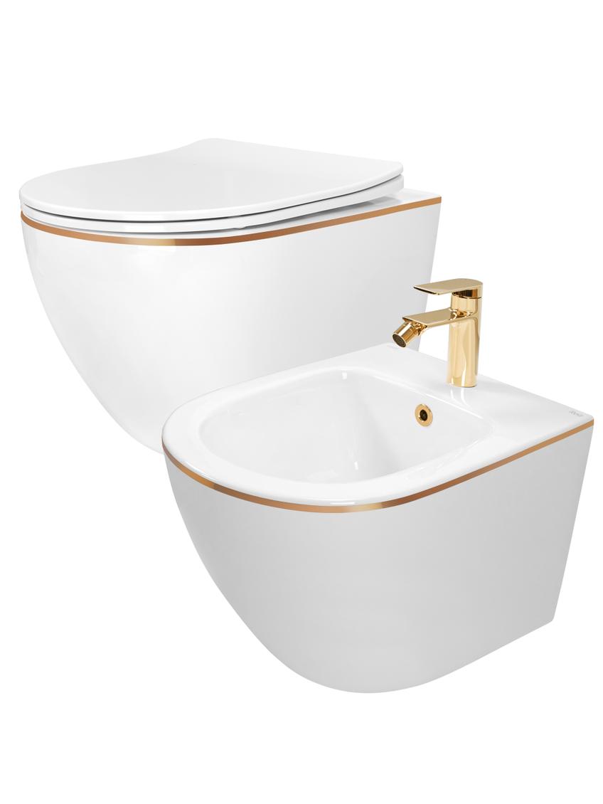 Zestaw Misa WC Carlo Mini Flat + Bidet Carlo Mini White Gold Edge
