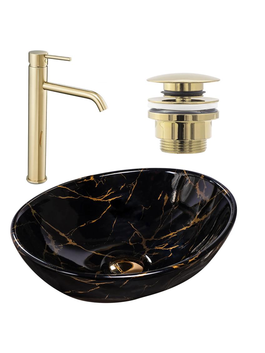 Zestaw Sofia black marble + bateria wysoka Lungo gold + korek uniwersalny złoty