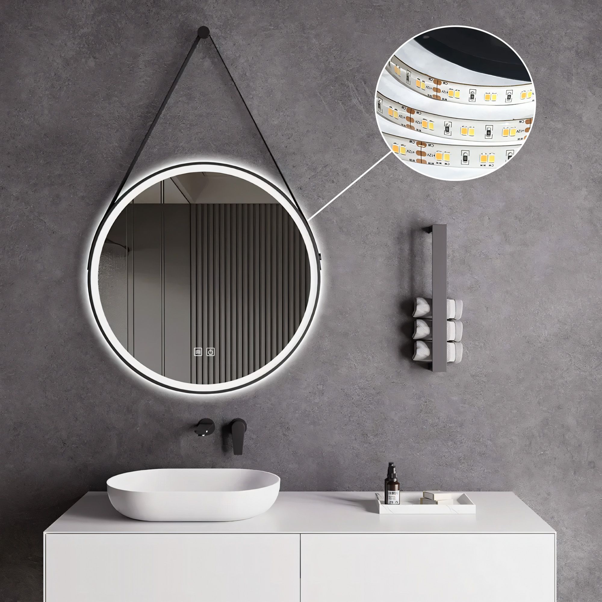 Rundes LED-Spiegel Hängend am Gurt 70 cm 104