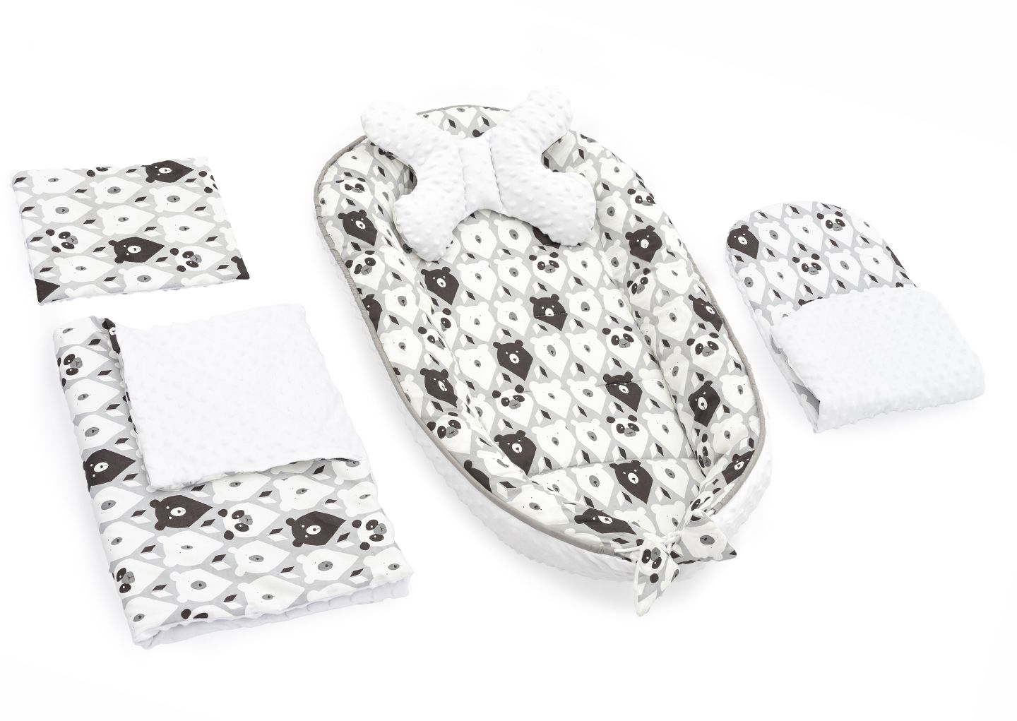 Baby cocoon for pram, mattress, pillow, blanket 5in1 White Black Bear