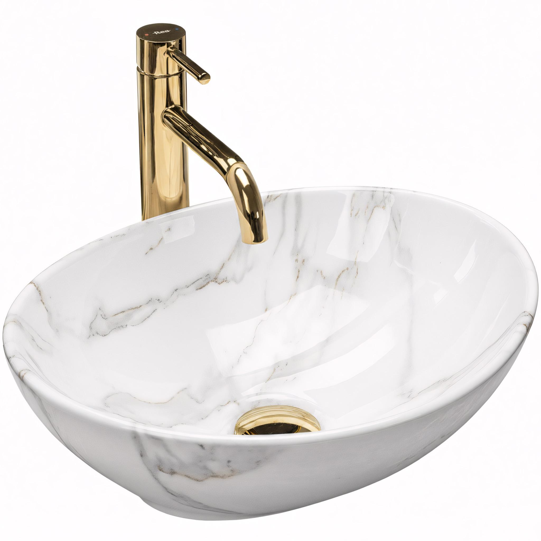 Rea REA-U4100 Bathroom Sink - Ceramic Demi Slim Countertop Basin, White Stone Imitation, 510x390x135mm